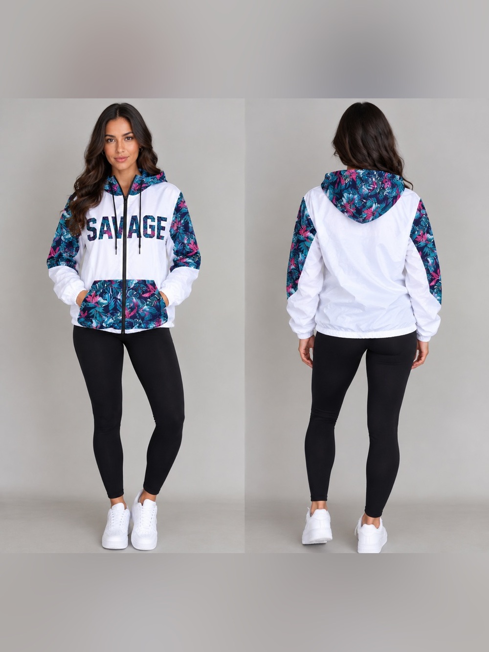 Savage White & Teal Floral Windbreaker Hoodie Jacket